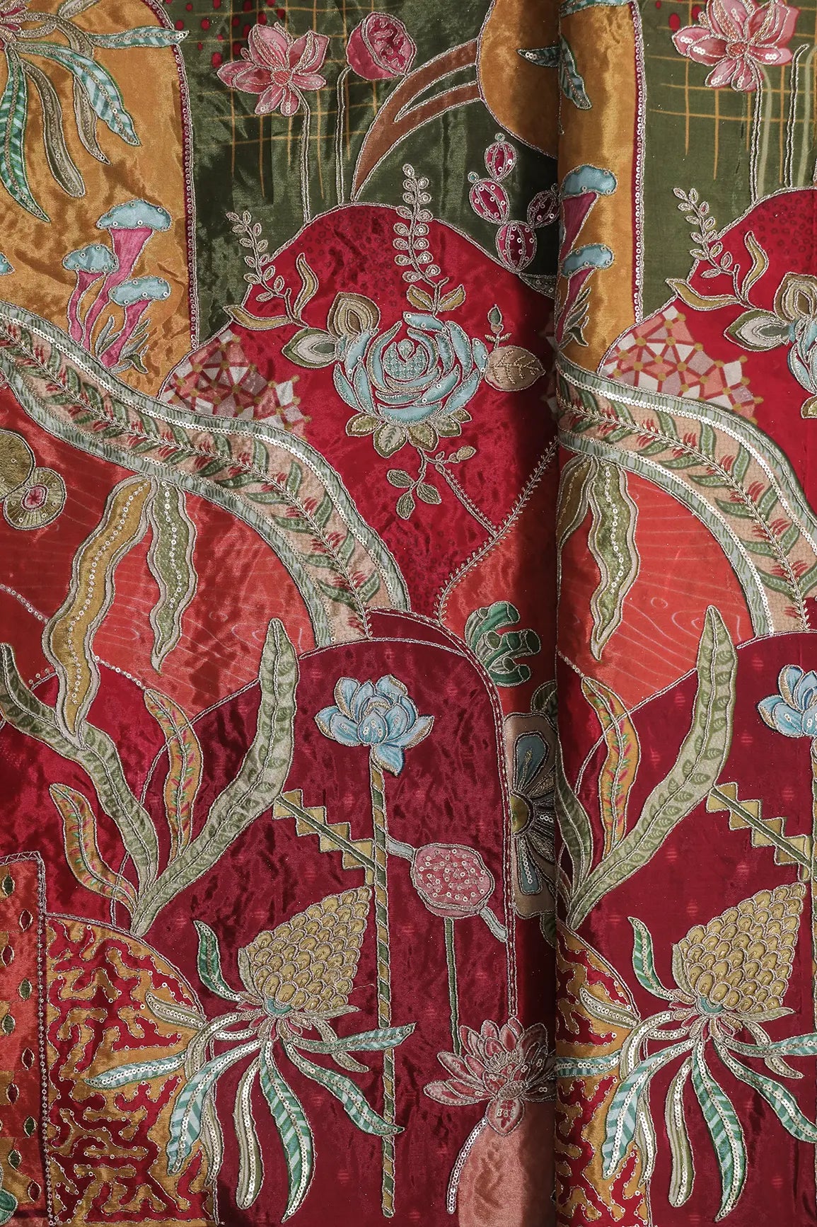 AIzaSyBcstauz-XMPRhEY21AUzeo032pxrXB5Ug - Gold Zari with Sequins Floral Positional Print On Multi Color Pure Crepe Fabric