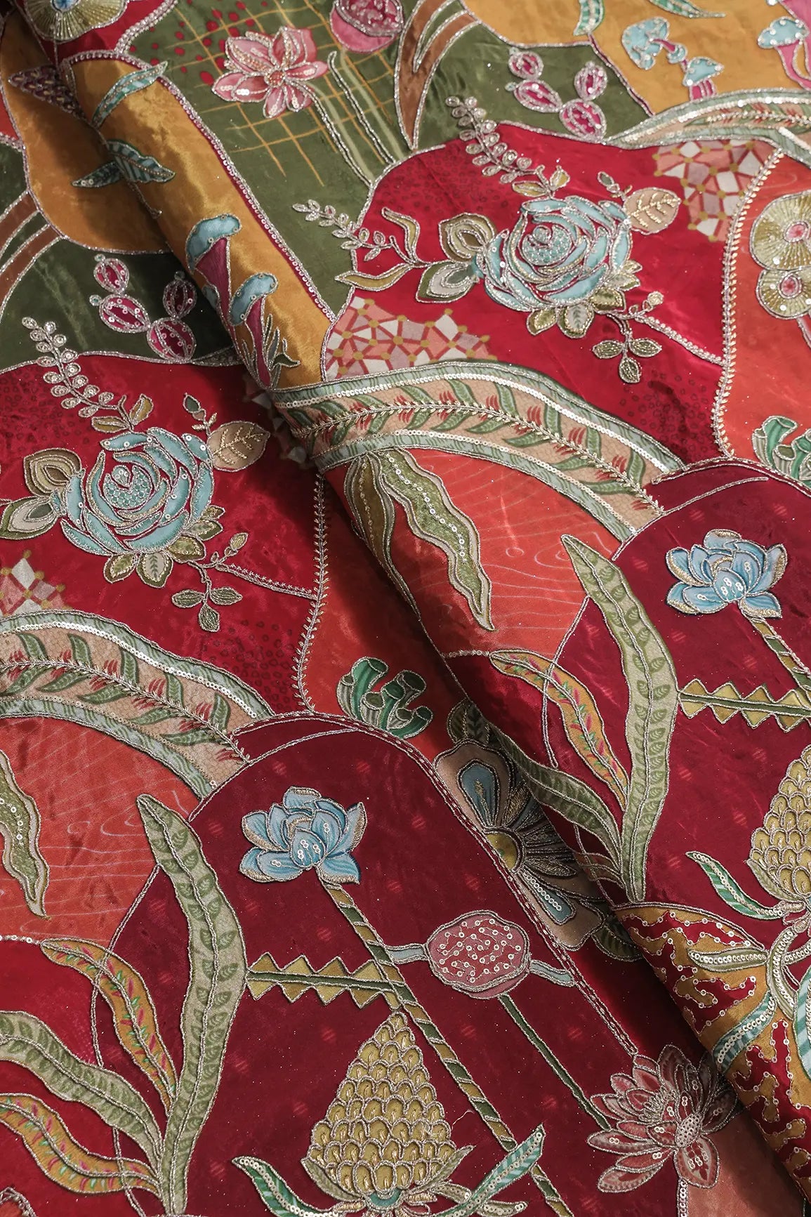 AIzaSyBcstauz-XMPRhEY21AUzeo032pxrXB5Ug - Gold Zari with Sequins Floral Positional Print On Multi Color Pure Crepe Fabric