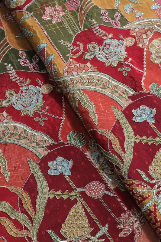 AIzaSyBcstauz-XMPRhEY21AUzeo032pxrXB5Ug - Gold Zari with Sequins Floral Positional Print On Multi Color Pure Crepe Fabric