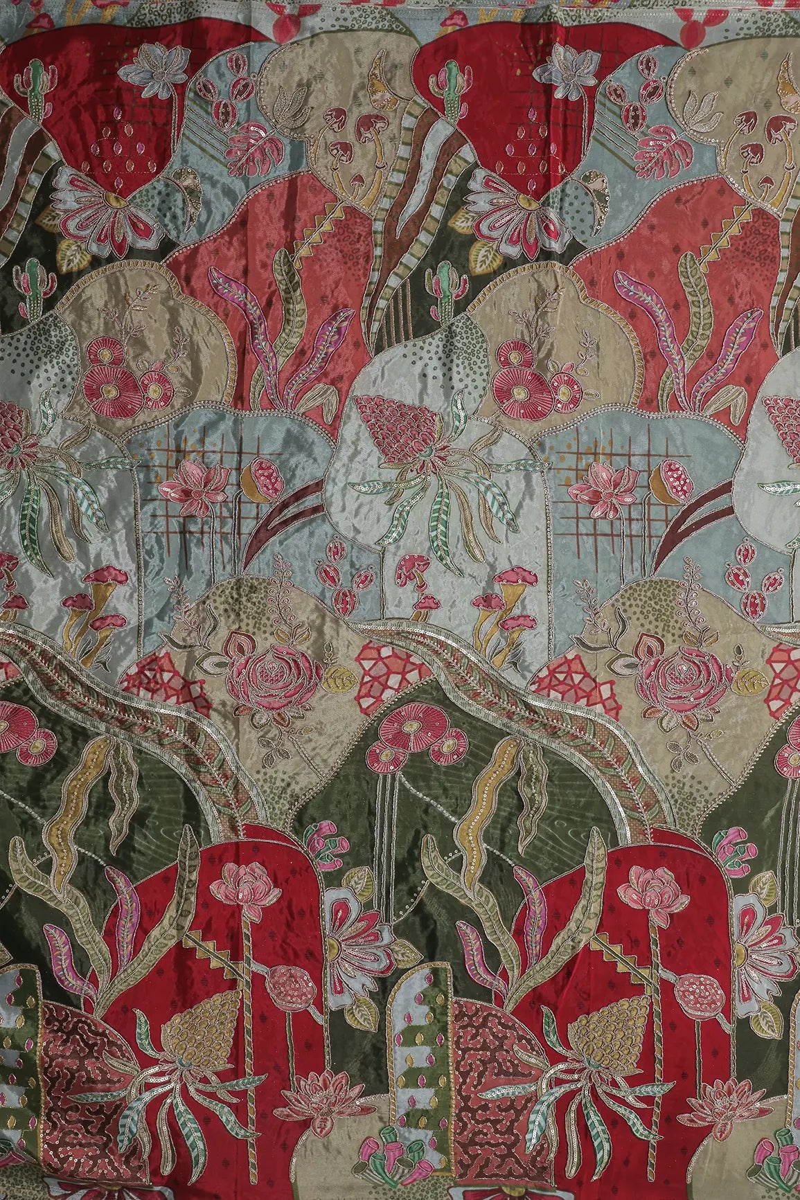 AIzaSyBcstauz-XMPRhEY21AUzeo032pxrXB5Ug - Gold Zari with Sequins Floral Positional Print On Red & Olive Pure Crepe Fabric