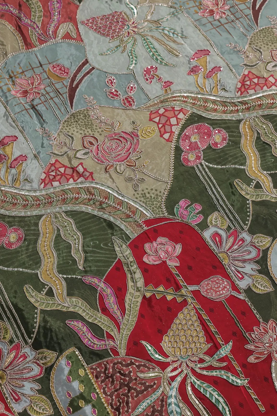 AIzaSyBcstauz-XMPRhEY21AUzeo032pxrXB5Ug - Gold Zari with Sequins Floral Positional Print On Red & Olive Pure Crepe Fabric