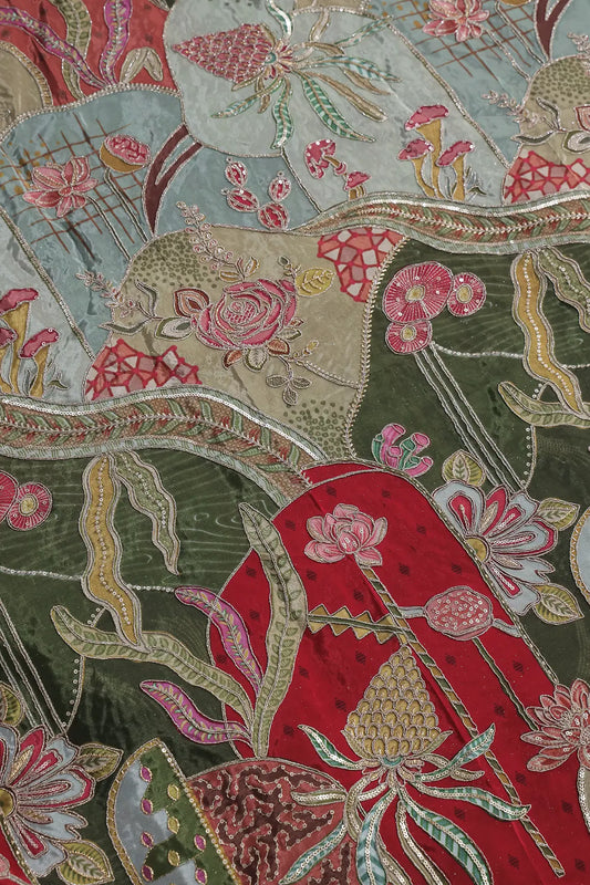 AIzaSyBcstauz-XMPRhEY21AUzeo032pxrXB5Ug - Gold Zari with Sequins Floral Positional Print On Red & Olive Pure Crepe Fabric