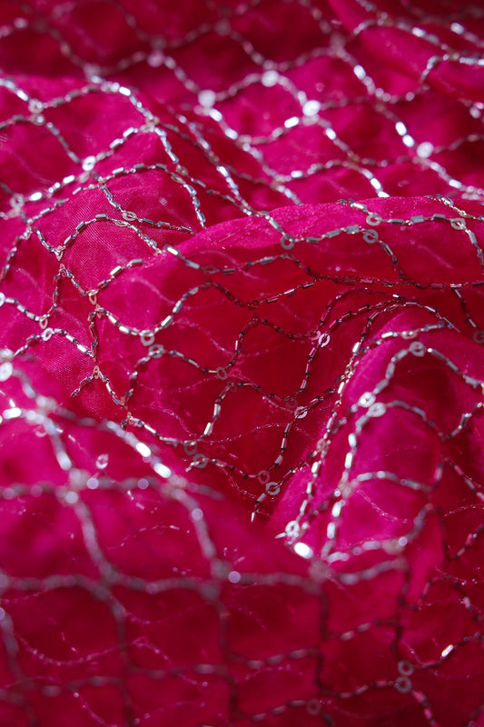 AIzaSyBcstauz-XMPRhEY21AUzeo032pxrXB5Ug - Cut Dana Beads Beautiful Ogee Embroidery On Fuchsia Organza Fabric