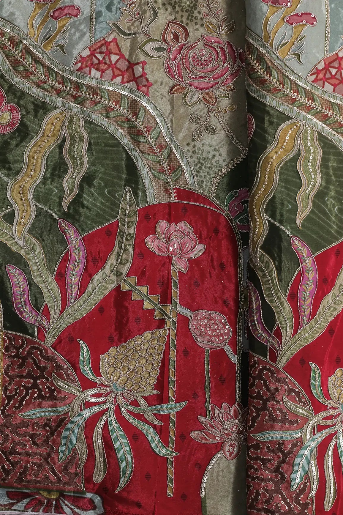 AIzaSyBcstauz-XMPRhEY21AUzeo032pxrXB5Ug - Gold Zari with Sequins Floral Positional Print On Red & Olive Pure Crepe Fabric