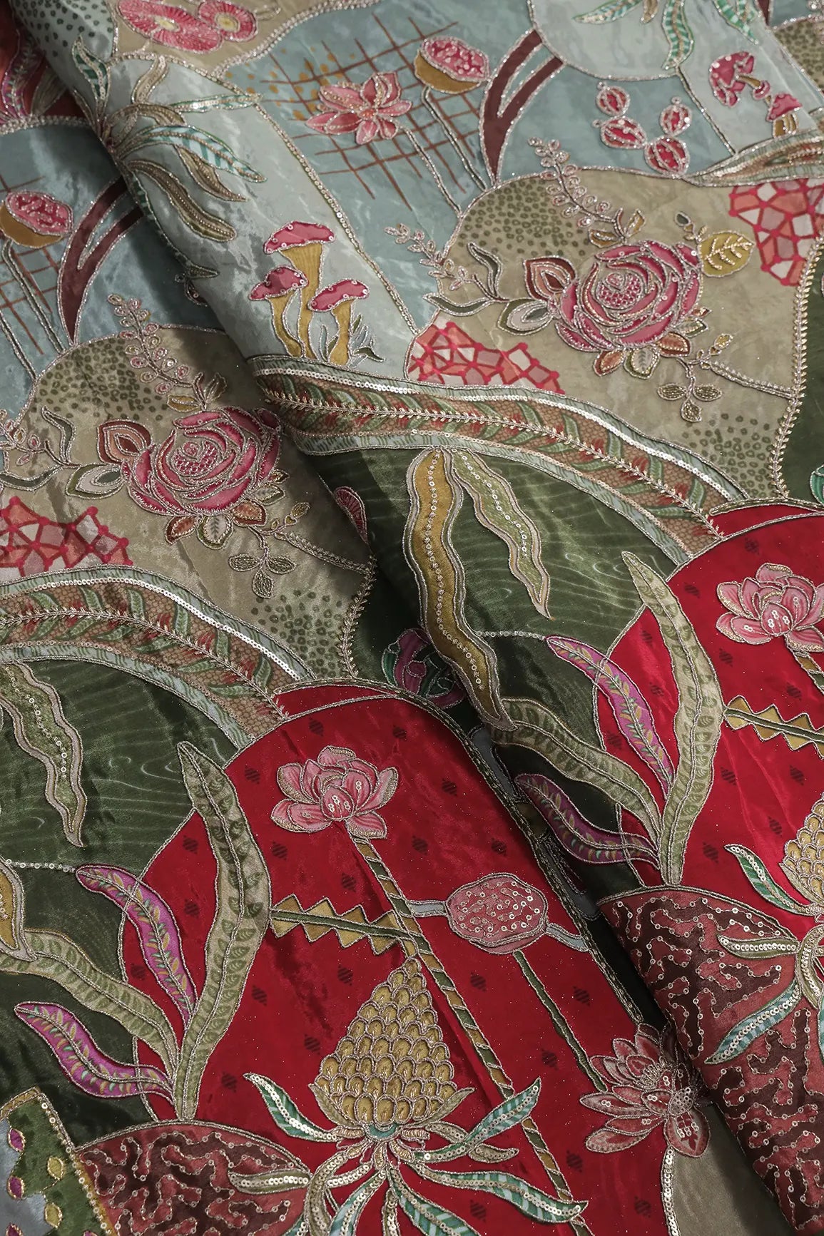 AIzaSyBcstauz-XMPRhEY21AUzeo032pxrXB5Ug - Gold Zari with Sequins Floral Positional Print On Red & Olive Pure Crepe Fabric