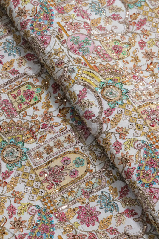 Positional Print with Zari And Sequins Floral Embroidery Work On White Pure Crepe Fabric