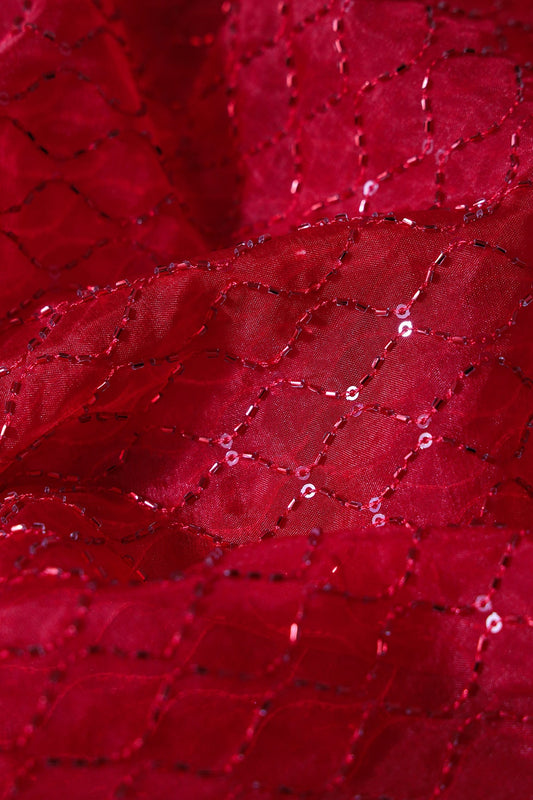 AIzaSyBcstauz-XMPRhEY21AUzeo032pxrXB5Ug - Cut Dana Beads Beautiful Ogee Embroidery On Red Organza Fabric