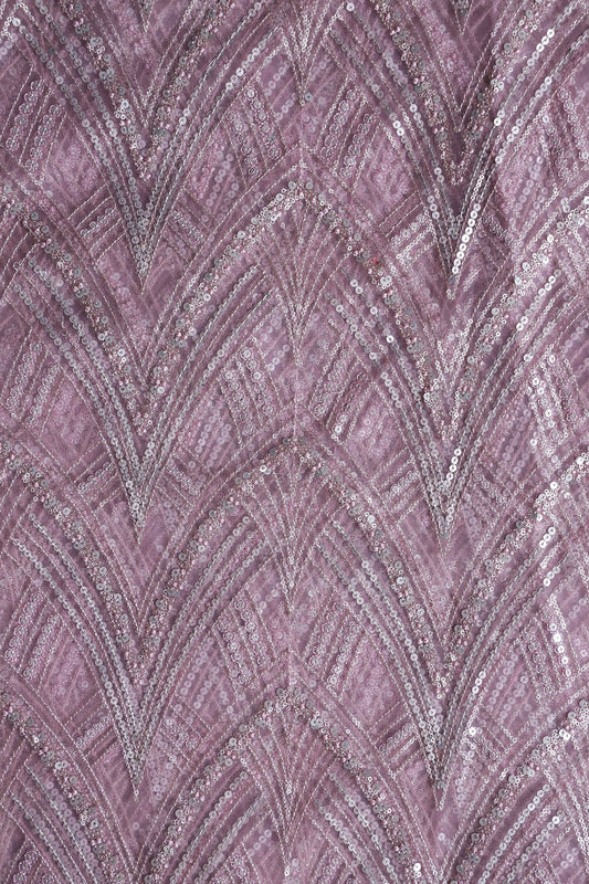Mauve Thread With Gold And Silver Sequins Geometric Embroidery Work On Mauve Soft Net Fabric