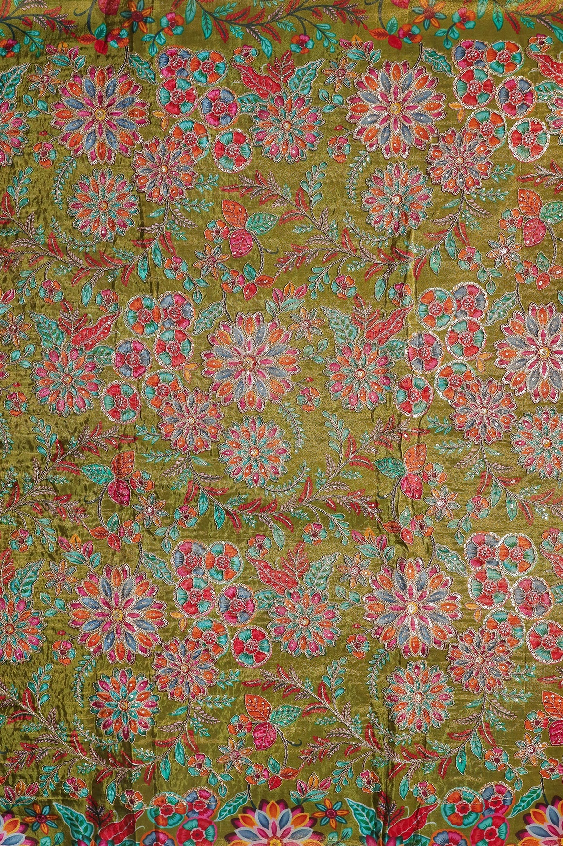 AIzaSyBcstauz-XMPRhEY21AUzeo032pxrXB5Ug - Floral Positional Print On Sequins With Zari Embroidery On Green Viscose Zari Tissue Fabric