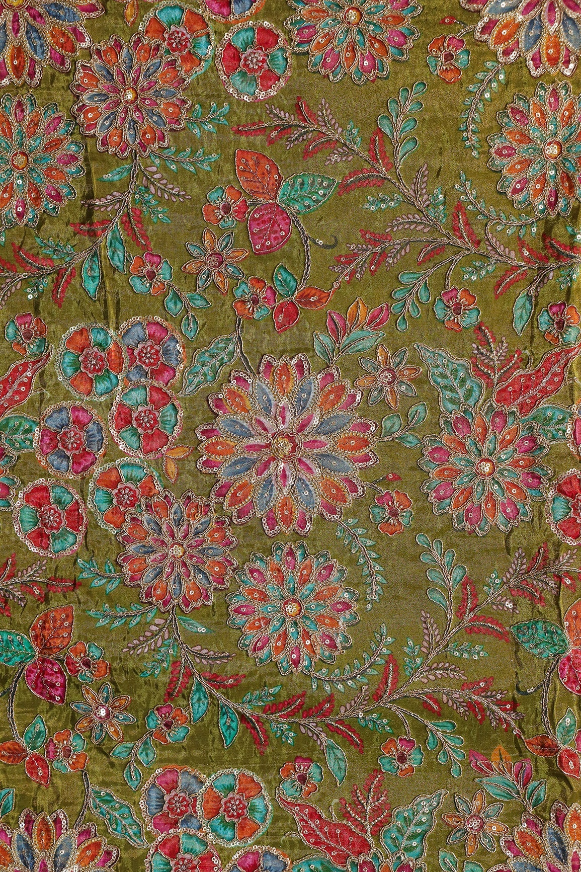 AIzaSyBcstauz-XMPRhEY21AUzeo032pxrXB5Ug - Floral Positional Print On Sequins With Zari Embroidery On Green Viscose Zari Tissue Fabric