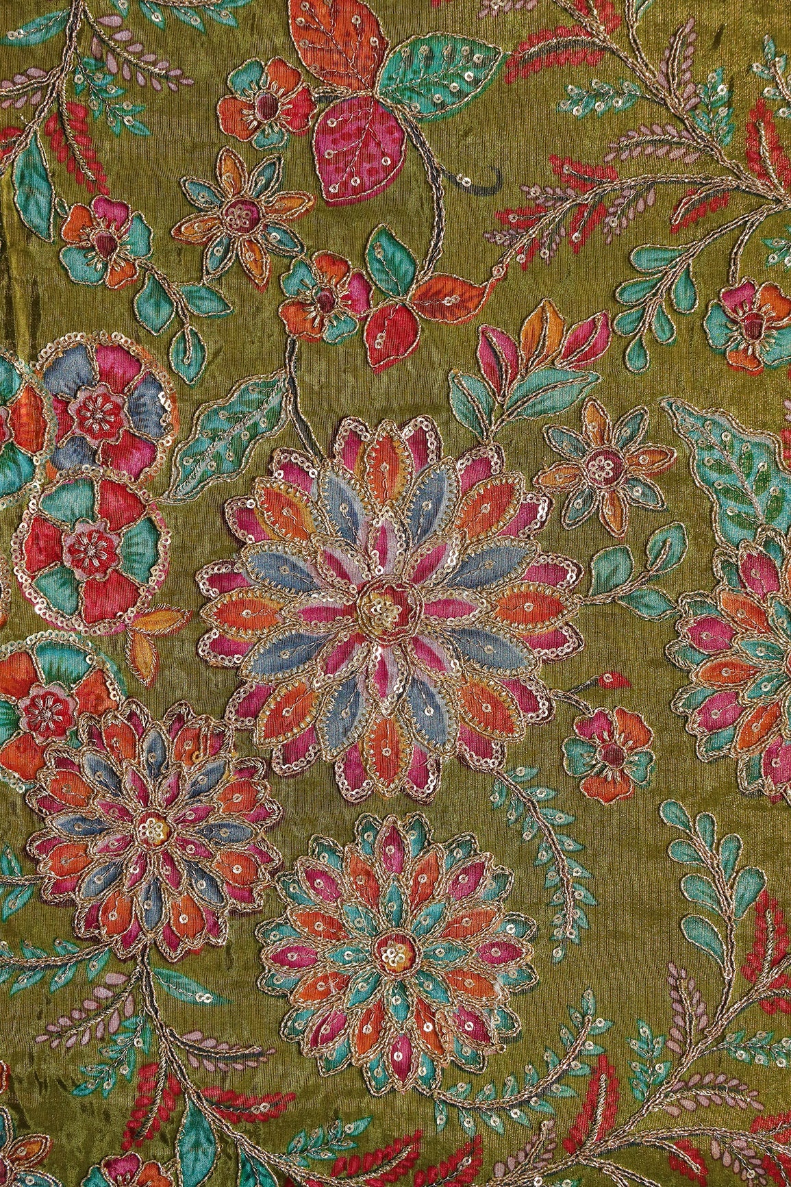 AIzaSyBcstauz-XMPRhEY21AUzeo032pxrXB5Ug - Floral Positional Print On Sequins With Zari Embroidery On Green Viscose Zari Tissue Fabric
