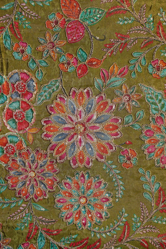AIzaSyBcstauz-XMPRhEY21AUzeo032pxrXB5Ug - Floral Positional Print On Sequins With Zari Embroidery On Green Viscose Zari Tissue Fabric