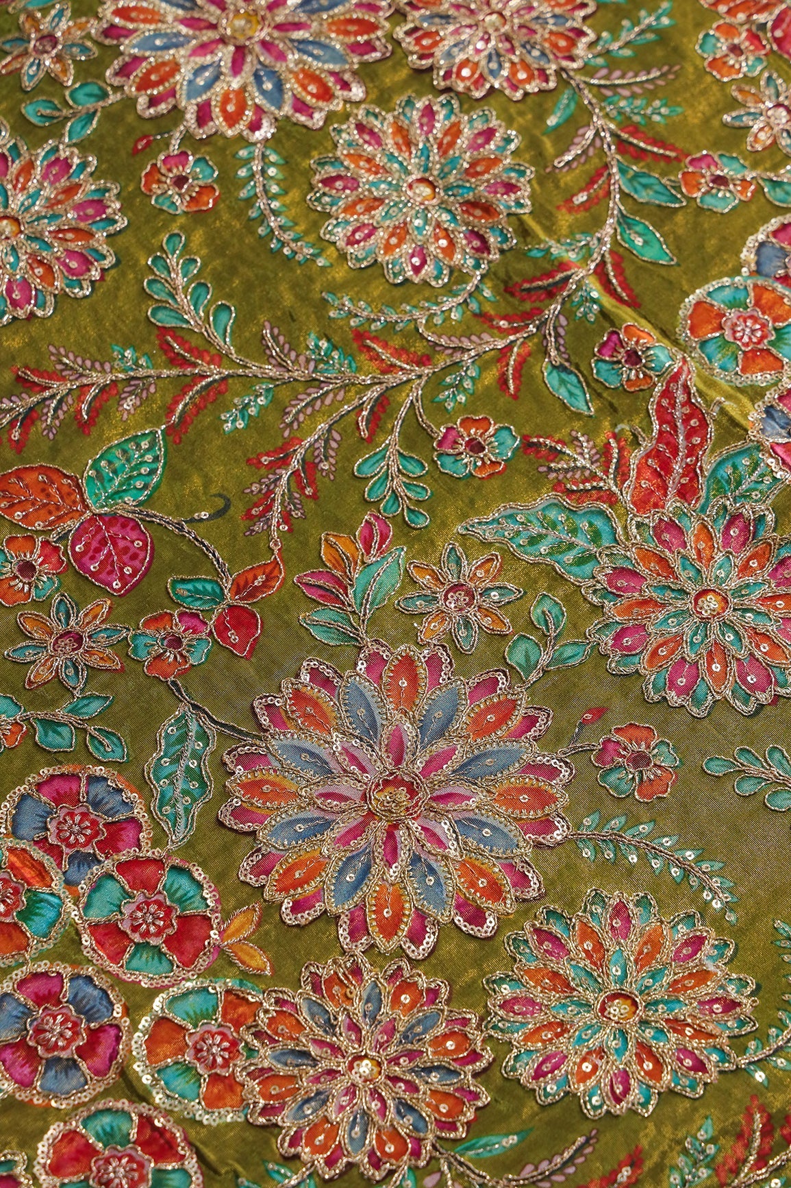 AIzaSyBcstauz-XMPRhEY21AUzeo032pxrXB5Ug - Floral Positional Print On Sequins With Zari Embroidery On Green Viscose Zari Tissue Fabric