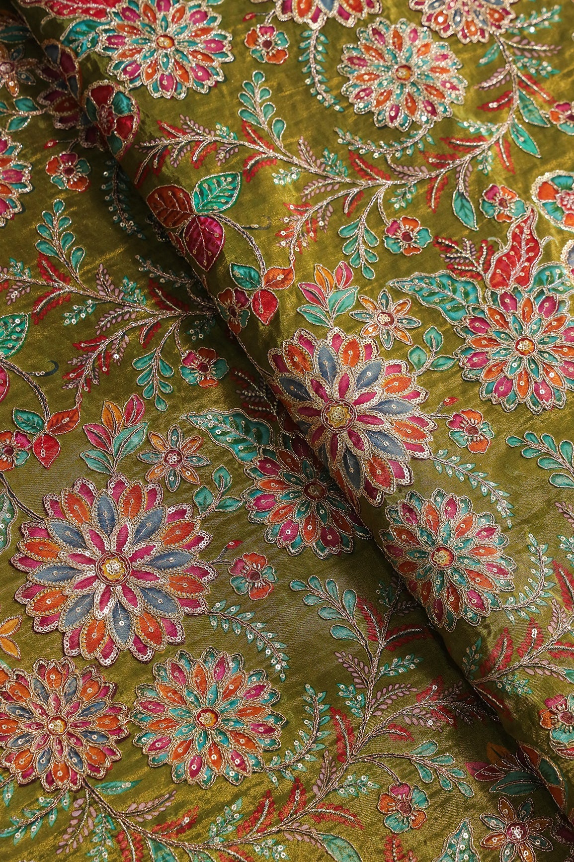 AIzaSyBcstauz-XMPRhEY21AUzeo032pxrXB5Ug - Floral Positional Print On Sequins With Zari Embroidery On Green Viscose Zari Tissue Fabric