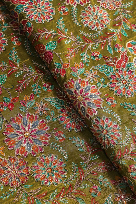 AIzaSyBcstauz-XMPRhEY21AUzeo032pxrXB5Ug - Floral Positional Print On Sequins With Zari Embroidery On Green Viscose Zari Tissue Fabric