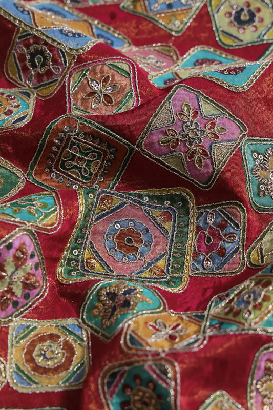 AIzaSyBcstauz-XMPRhEY21AUzeo032pxrXB5Ug - Gold Zari With Sequins Traditional Positional Print On Rani Pure Viscose Zari Tissue Fabric