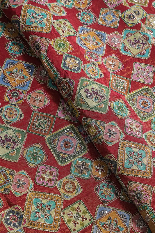 AIzaSyBcstauz-XMPRhEY21AUzeo032pxrXB5Ug - Gold Zari With Sequins Traditional Positional Print On Rani Pure Viscose Zari Tissue Fabric