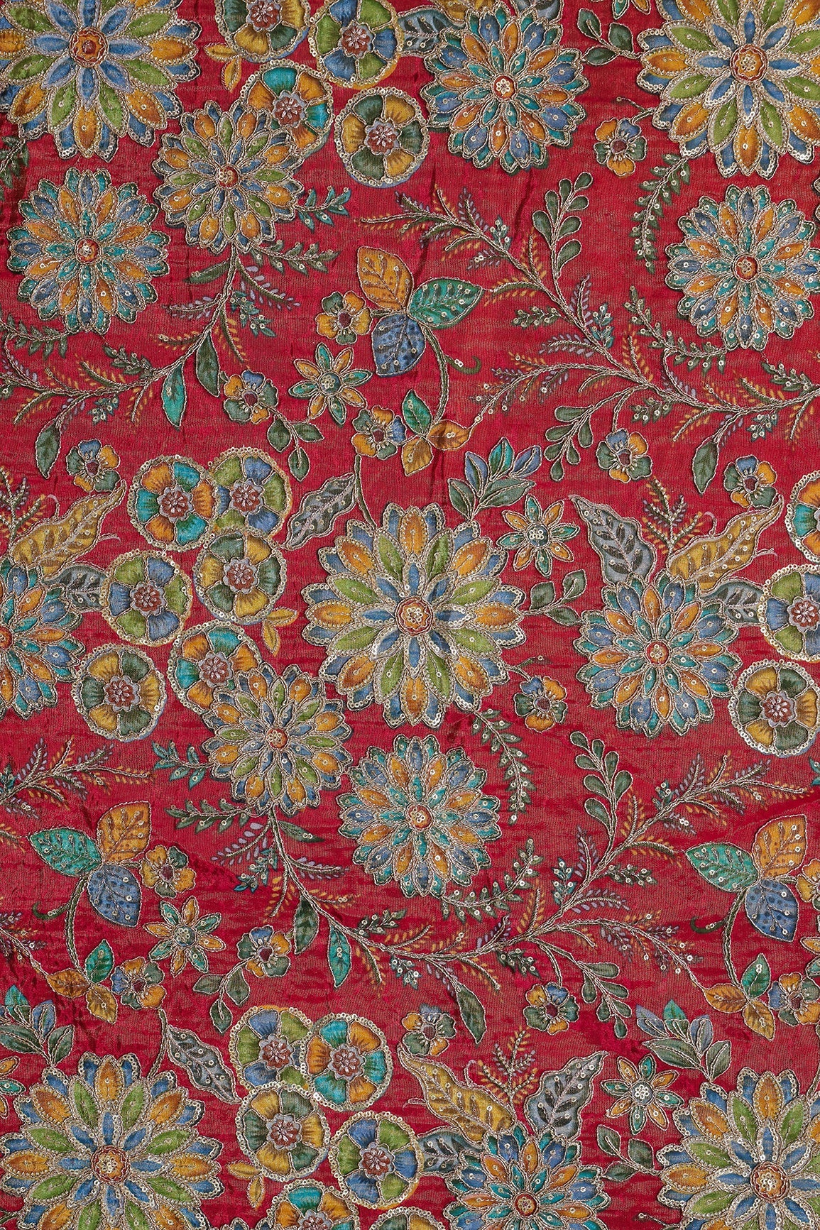 AIzaSyBcstauz-XMPRhEY21AUzeo032pxrXB5Ug - Floral Positional Print On Sequins With Zari Embroidery On Rani Viscose Zari Tissue Fabric