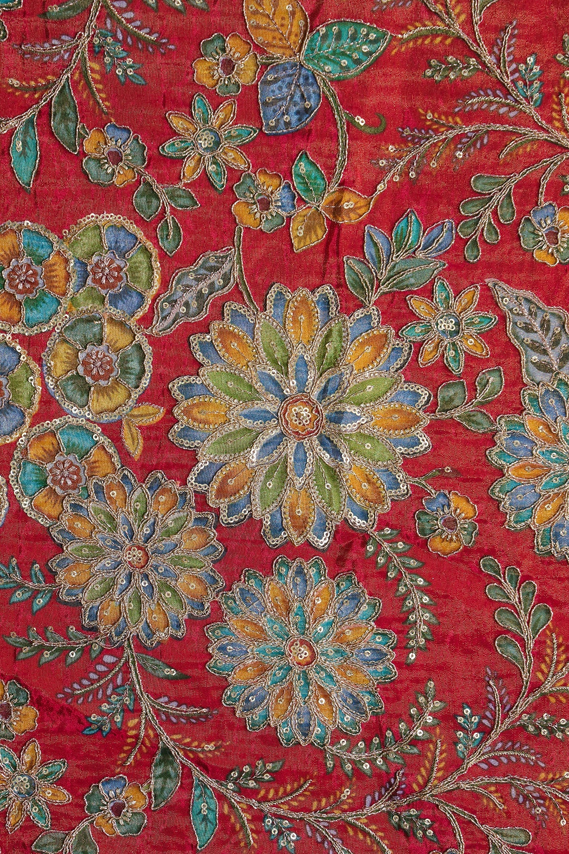 AIzaSyBcstauz-XMPRhEY21AUzeo032pxrXB5Ug - Floral Positional Print On Sequins With Zari Embroidery On Rani Viscose Zari Tissue Fabric