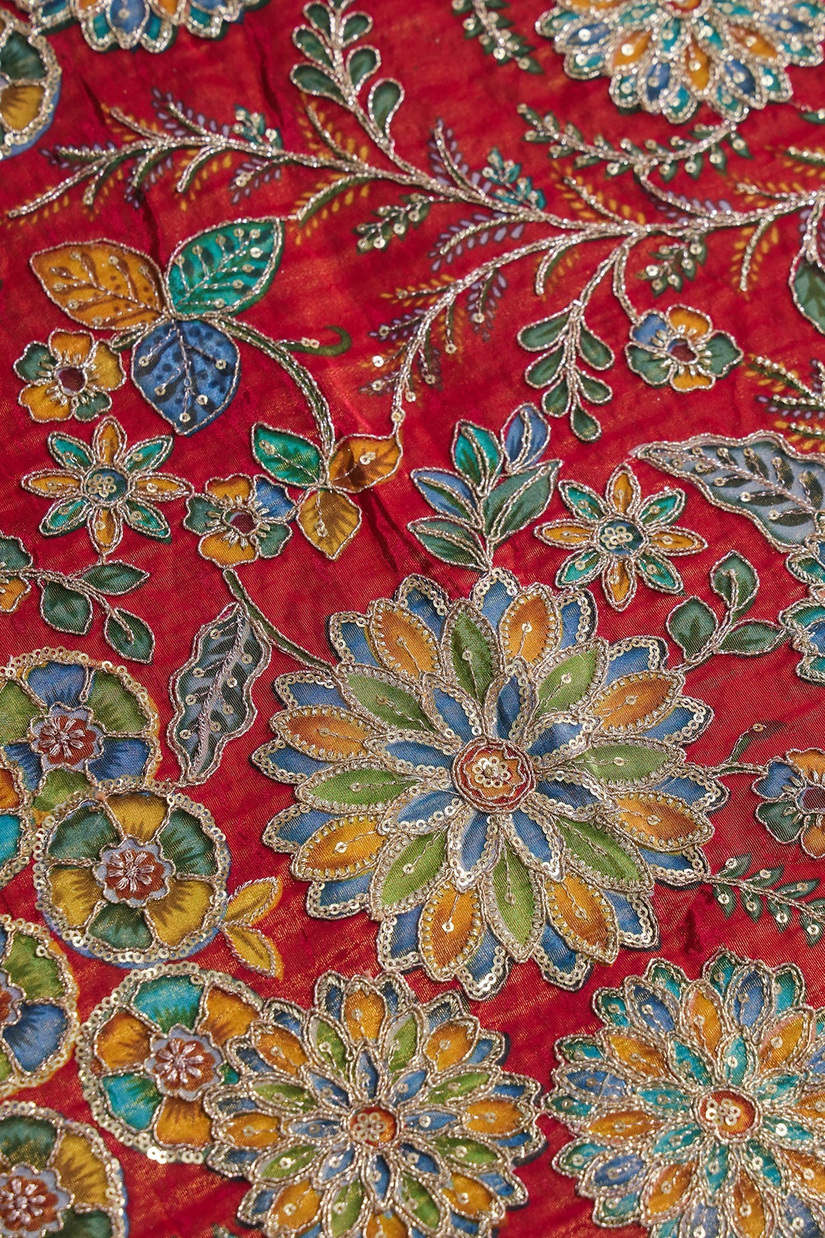 AIzaSyBcstauz-XMPRhEY21AUzeo032pxrXB5Ug - Floral Positional Print On Sequins With Zari Embroidery On Rani Viscose Zari Tissue Fabric