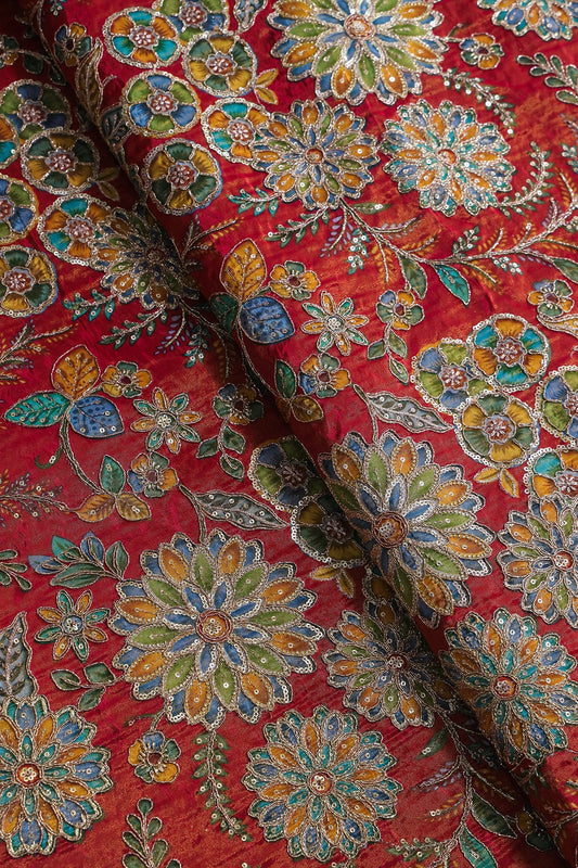 AIzaSyBcstauz-XMPRhEY21AUzeo032pxrXB5Ug - Floral Positional Print On Sequins With Zari Embroidery On Rani Viscose Zari Tissue Fabric