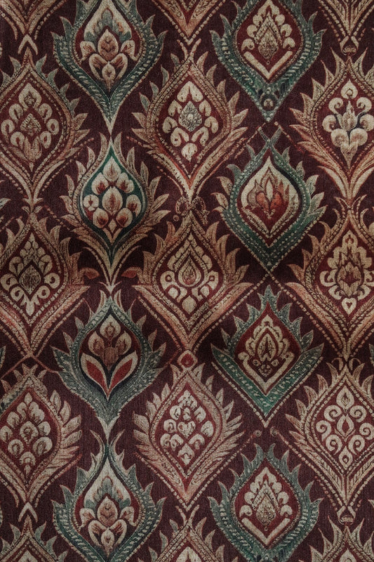 AIzaSyBcstauz-XMPRhEY21AUzeo032pxrXB5Ug - Cream Trellis Pattern Digital Print On Maroon Mulberry Silk Fabric