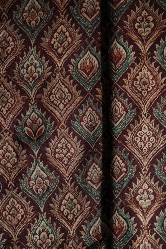 AIzaSyBcstauz-XMPRhEY21AUzeo032pxrXB5Ug - Cream Trellis Pattern Digital Print On Maroon Mulberry Silk Fabric