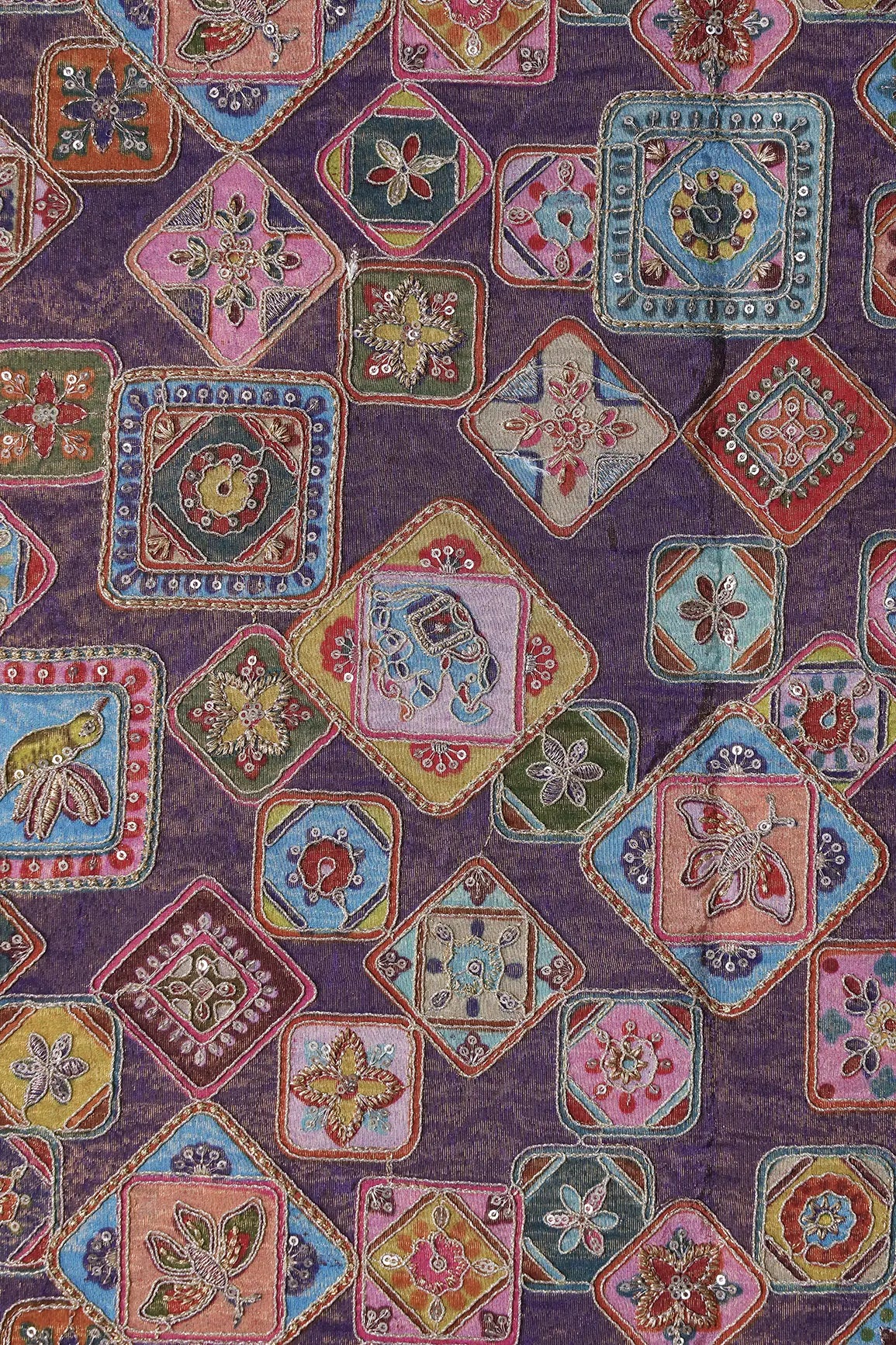 AIzaSyBcstauz-XMPRhEY21AUzeo032pxrXB5Ug - Gold Zari With Sequins Traditional Positional Print On Purple Pure Viscose Zari Tissue Fabric