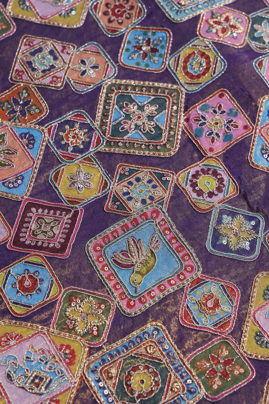 AIzaSyBcstauz-XMPRhEY21AUzeo032pxrXB5Ug - Gold Zari With Sequins Traditional Positional Print On Purple Pure Viscose Zari Tissue Fabric