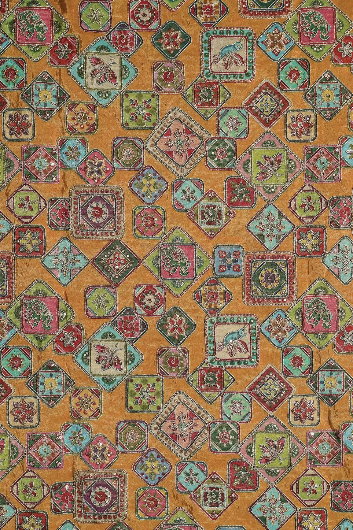 AIzaSyBcstauz-XMPRhEY21AUzeo032pxrXB5Ug - Gold Zari With Sequins Traditional Positional Print On Mustard Yellow Pure Viscose Zari Tissue Fabric