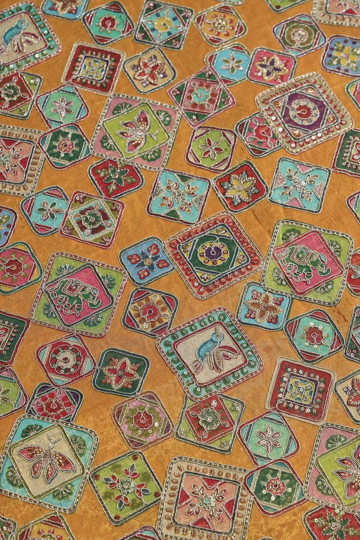 AIzaSyBcstauz-XMPRhEY21AUzeo032pxrXB5Ug - Gold Zari With Sequins Traditional Positional Print On Mustard Yellow Pure Viscose Zari Tissue Fabric