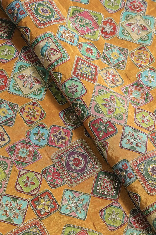 AIzaSyBcstauz-XMPRhEY21AUzeo032pxrXB5Ug - Gold Zari With Sequins Traditional Positional Print On Mustard Yellow Pure Viscose Zari Tissue Fabric