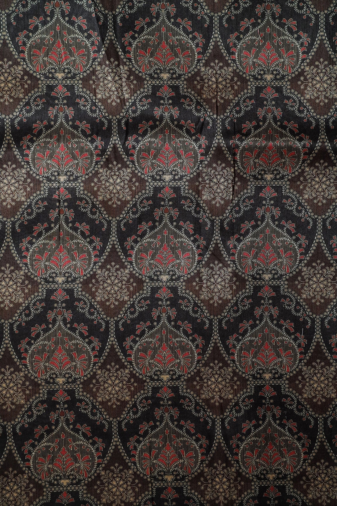AIzaSyBcstauz-XMPRhEY21AUzeo032pxrXB5Ug - Black And Brown Traditional Pattern Digital Print On Mulberry Silk Fabric