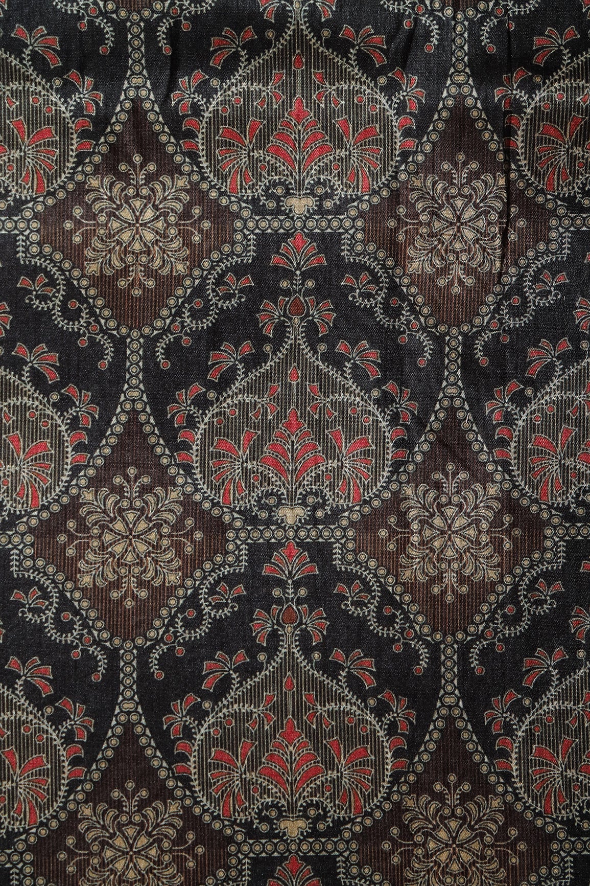 AIzaSyBcstauz-XMPRhEY21AUzeo032pxrXB5Ug - Black And Brown Traditional Pattern Digital Print On Mulberry Silk Fabric