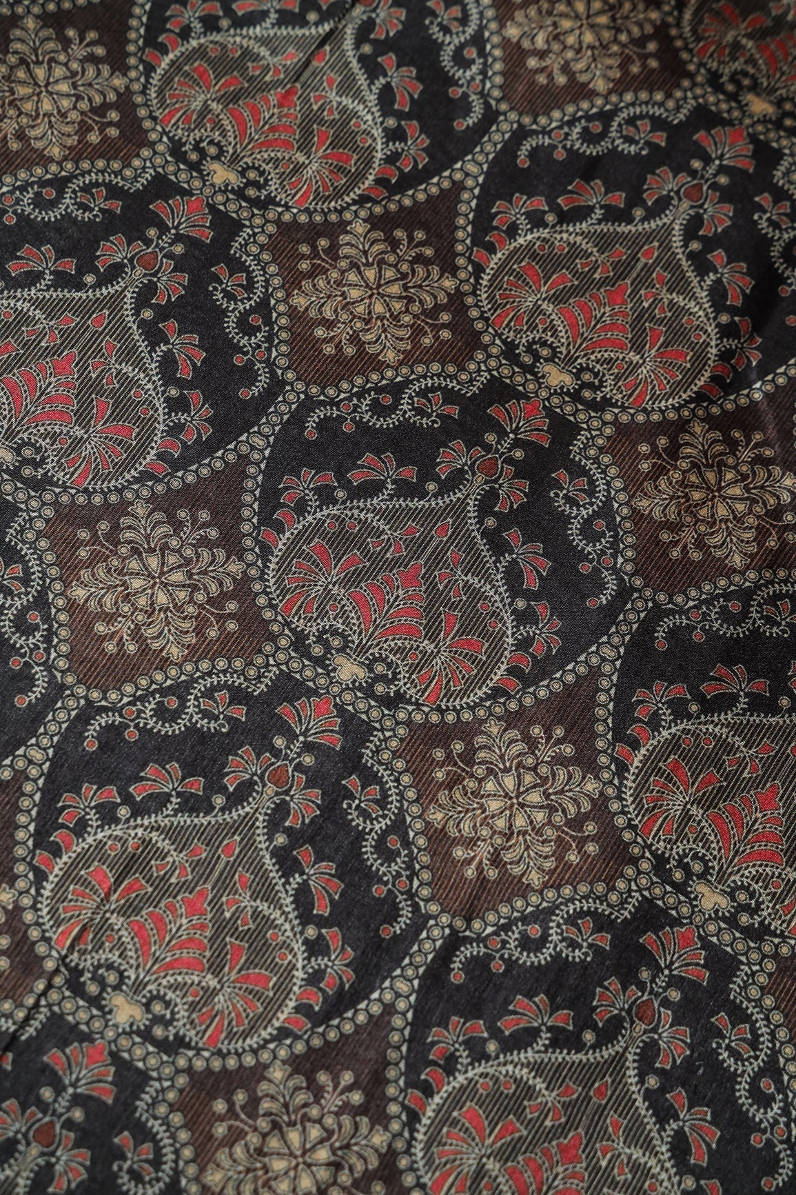 AIzaSyBcstauz-XMPRhEY21AUzeo032pxrXB5Ug - Black And Brown Traditional Pattern Digital Print On Mulberry Silk Fabric
