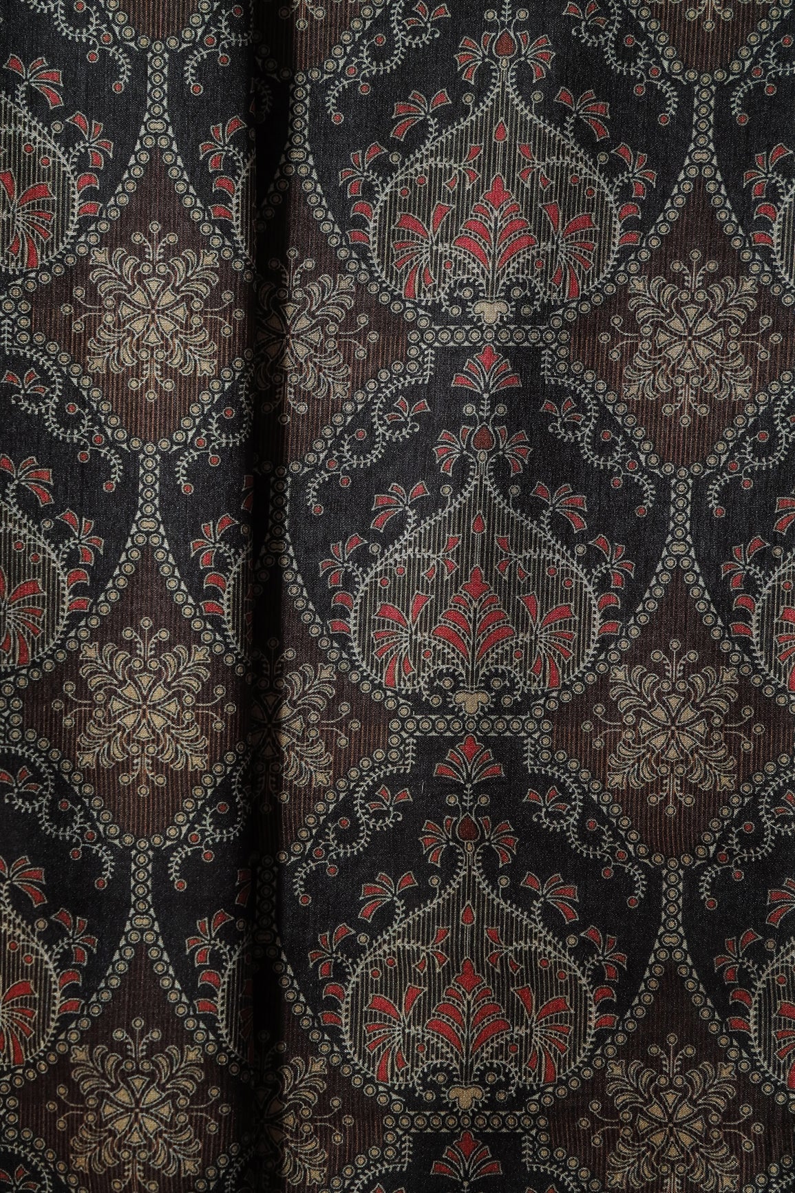 AIzaSyBcstauz-XMPRhEY21AUzeo032pxrXB5Ug - Black And Brown Traditional Pattern Digital Print On Mulberry Silk Fabric