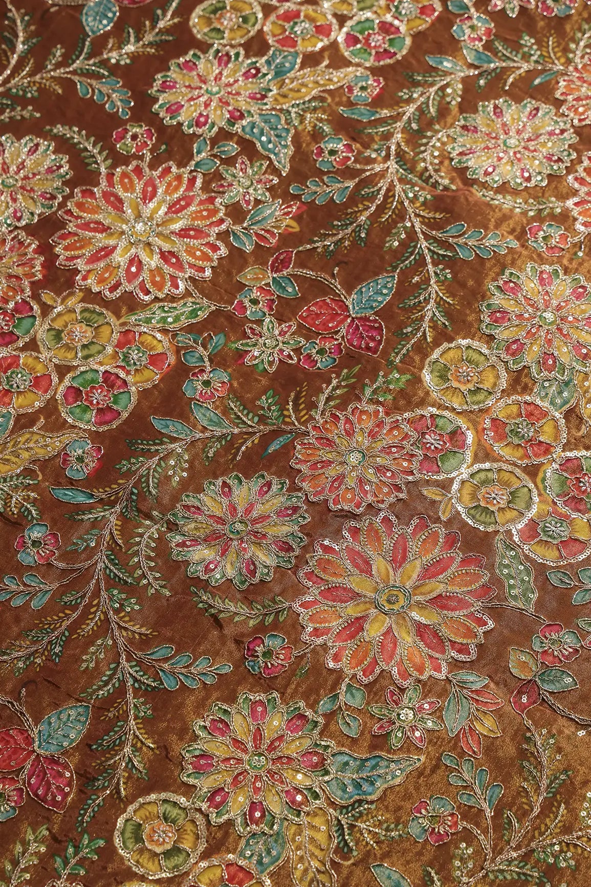 AIzaSyBcstauz-XMPRhEY21AUzeo032pxrXB5Ug - Floral Positional Print On Sequins With Zari Embroidery On Brown Viscose Zari Tissue Fabric