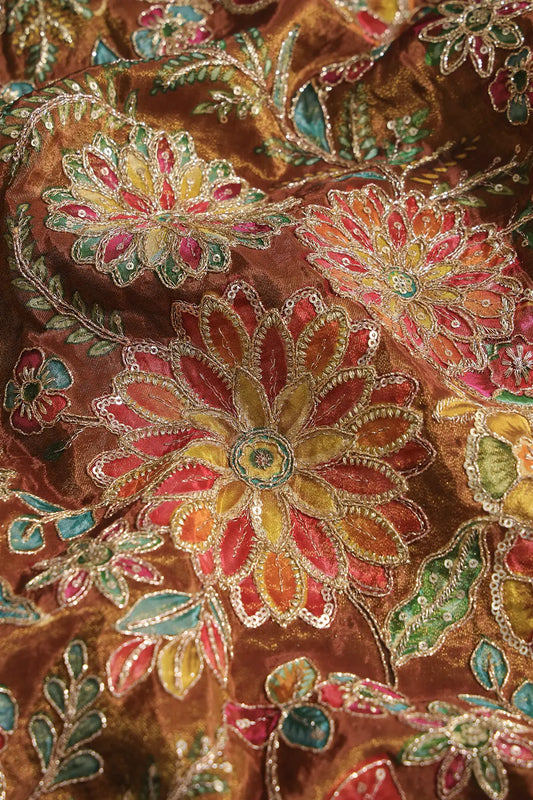 AIzaSyBcstauz-XMPRhEY21AUzeo032pxrXB5Ug - Floral Positional Print On Sequins With Zari Embroidery On Brown Viscose Zari Tissue Fabric