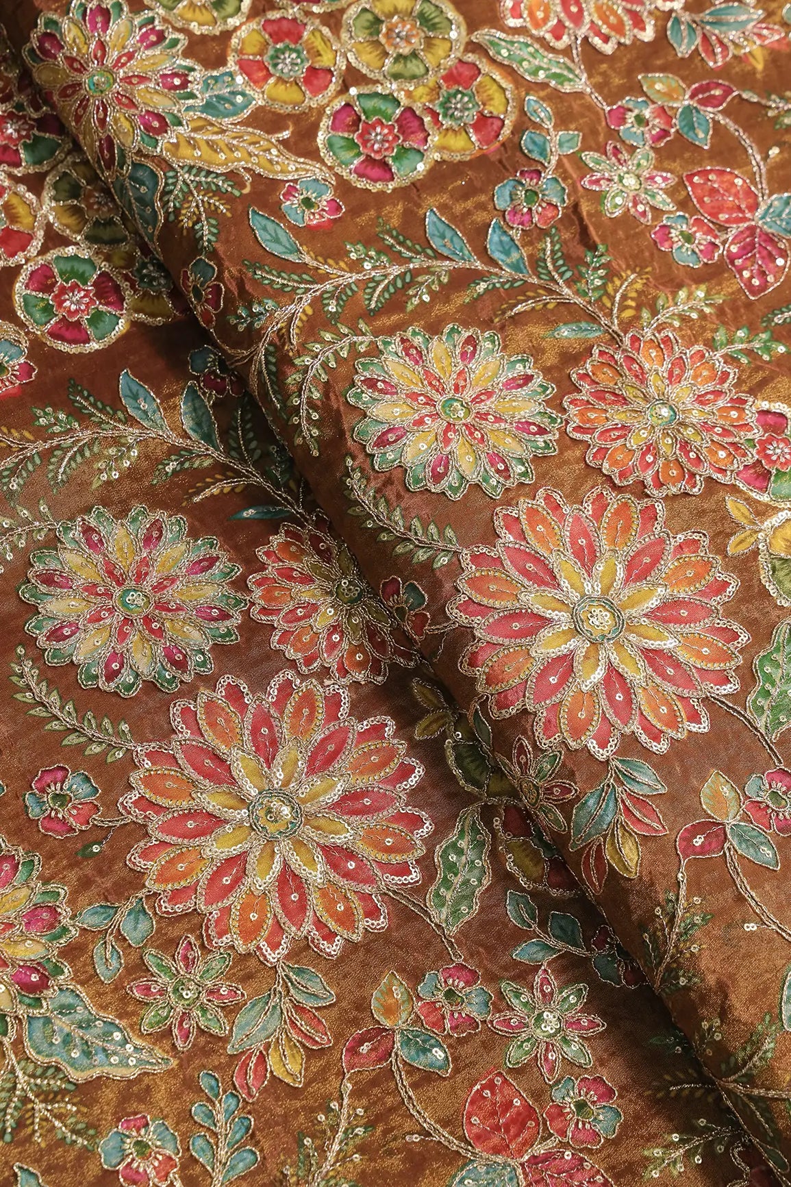 AIzaSyBcstauz-XMPRhEY21AUzeo032pxrXB5Ug - Floral Positional Print On Sequins With Zari Embroidery On Brown Viscose Zari Tissue Fabric