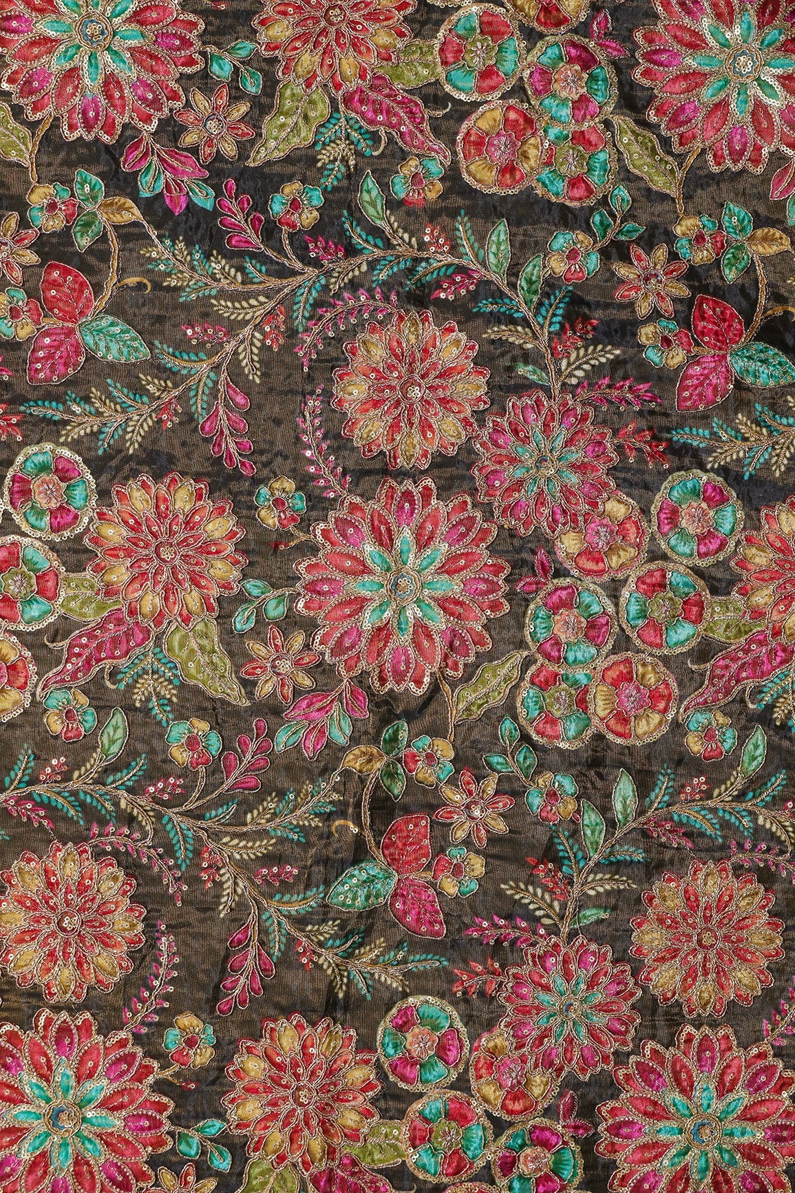 AIzaSyBcstauz-XMPRhEY21AUzeo032pxrXB5Ug - Floral Positional Print On Sequins With Zari Embroidery On Mehndi Green Viscose Zari Tissue Fabric