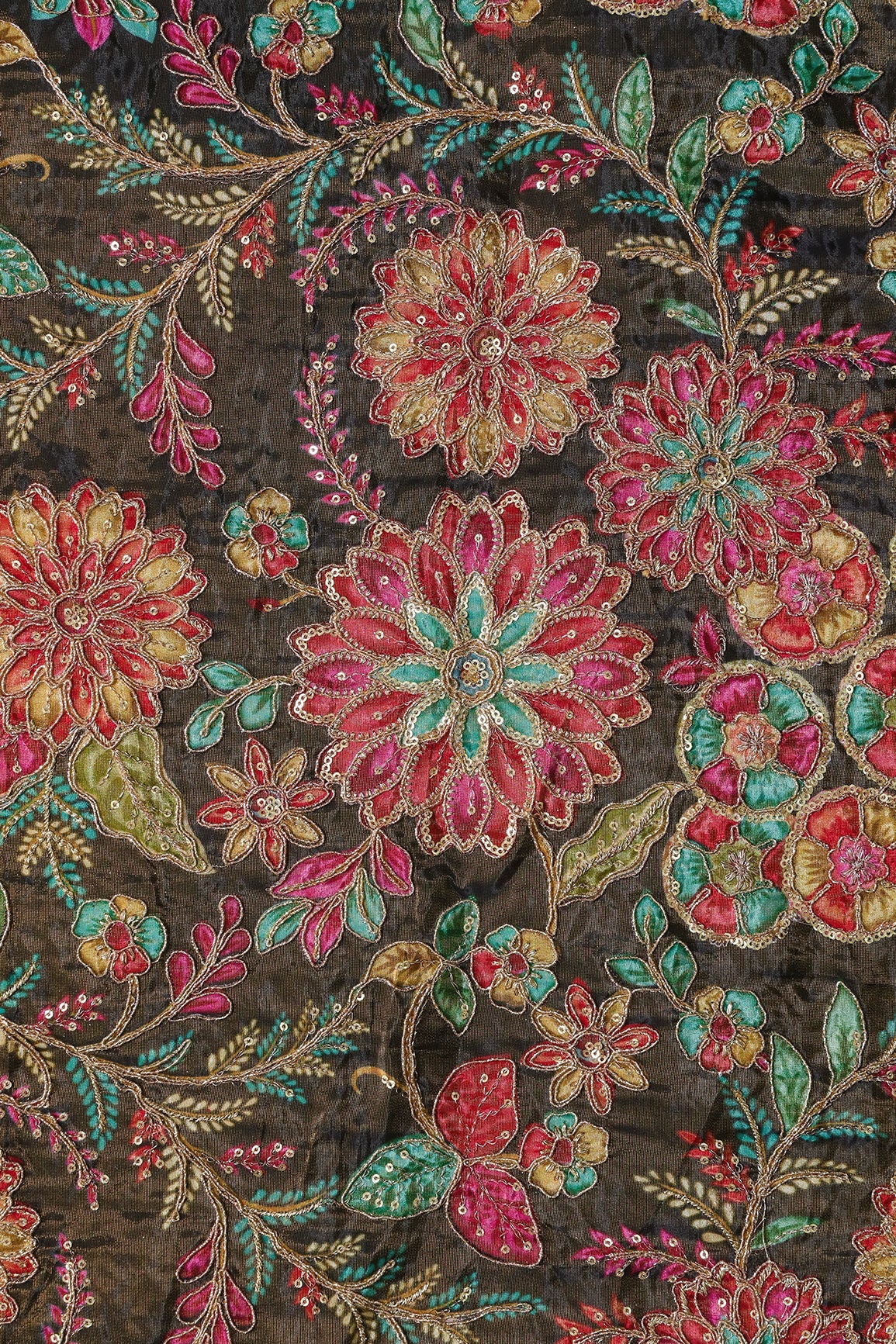 AIzaSyBcstauz-XMPRhEY21AUzeo032pxrXB5Ug - Floral Positional Print On Sequins With Zari Embroidery On Mehndi Green Viscose Zari Tissue Fabric