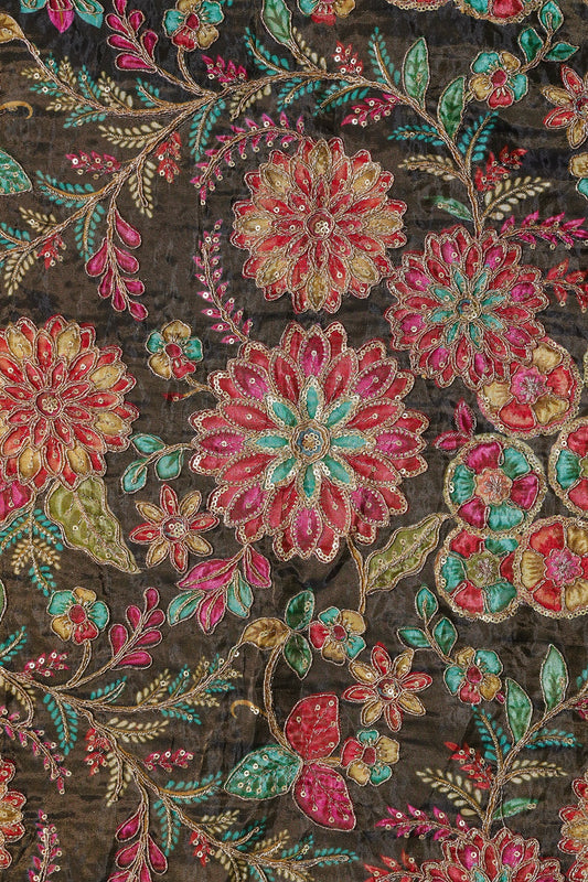 AIzaSyBcstauz-XMPRhEY21AUzeo032pxrXB5Ug - Floral Positional Print On Sequins With Zari Embroidery On Mehndi Green Viscose Zari Tissue Fabric