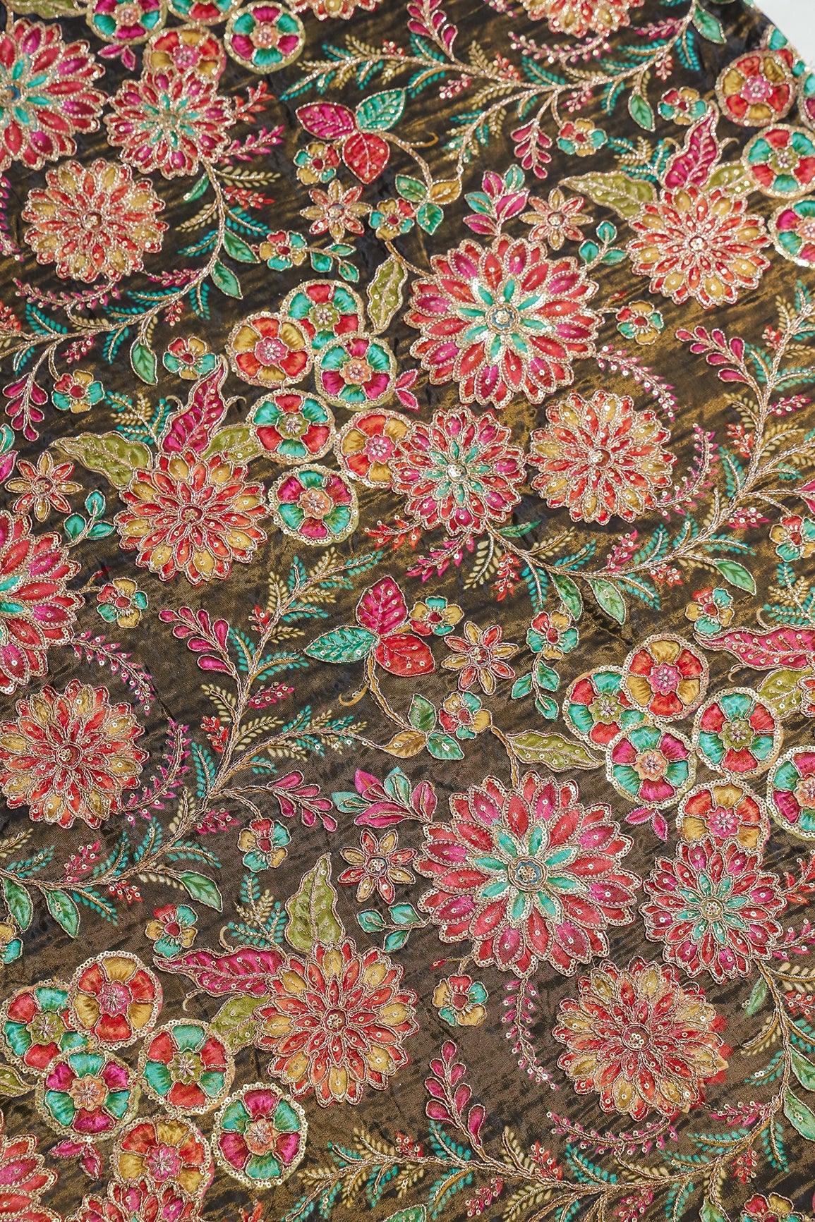 AIzaSyBcstauz-XMPRhEY21AUzeo032pxrXB5Ug - Floral Positional Print On Sequins With Zari Embroidery On Mehndi Green Viscose Zari Tissue Fabric