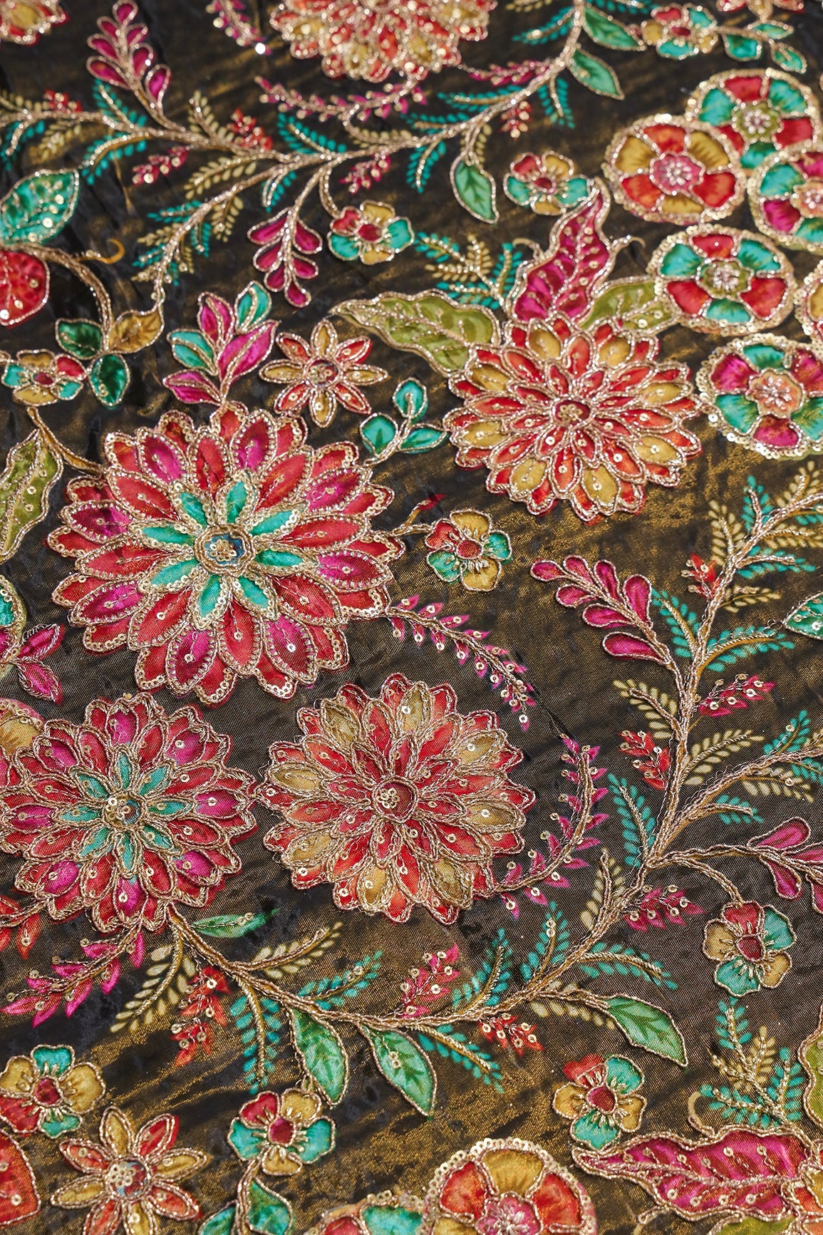 AIzaSyBcstauz-XMPRhEY21AUzeo032pxrXB5Ug - Floral Positional Print On Sequins With Zari Embroidery On Mehndi Green Viscose Zari Tissue Fabric