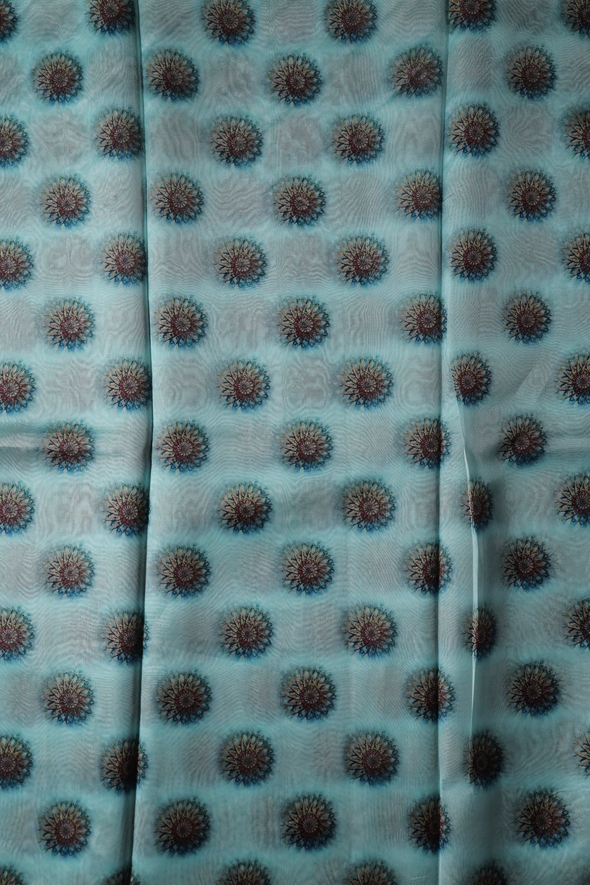 AIzaSyBcstauz-XMPRhEY21AUzeo032pxrXB5Ug - Black And Brown Traditional Pattern Digital Print On Sky Blue Organza Fabric