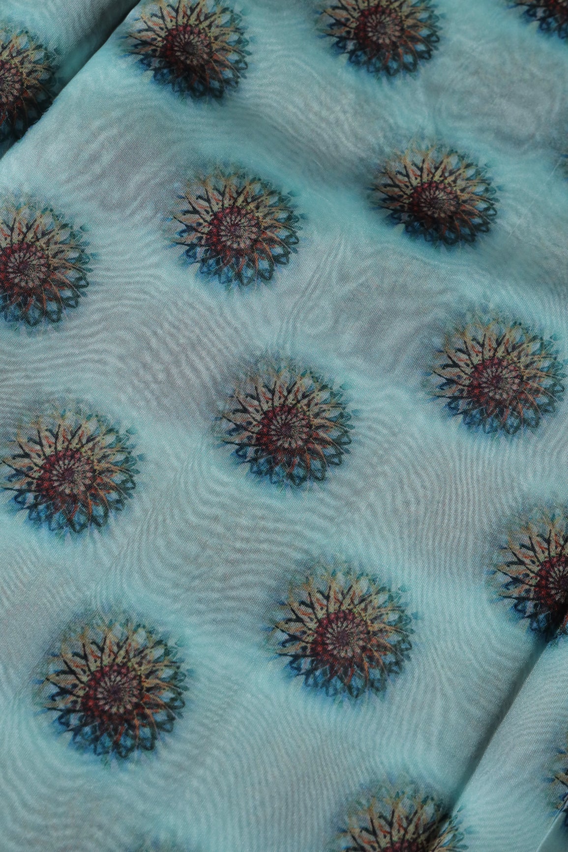 AIzaSyBcstauz-XMPRhEY21AUzeo032pxrXB5Ug - Black And Brown Traditional Pattern Digital Print On Sky Blue Organza Fabric