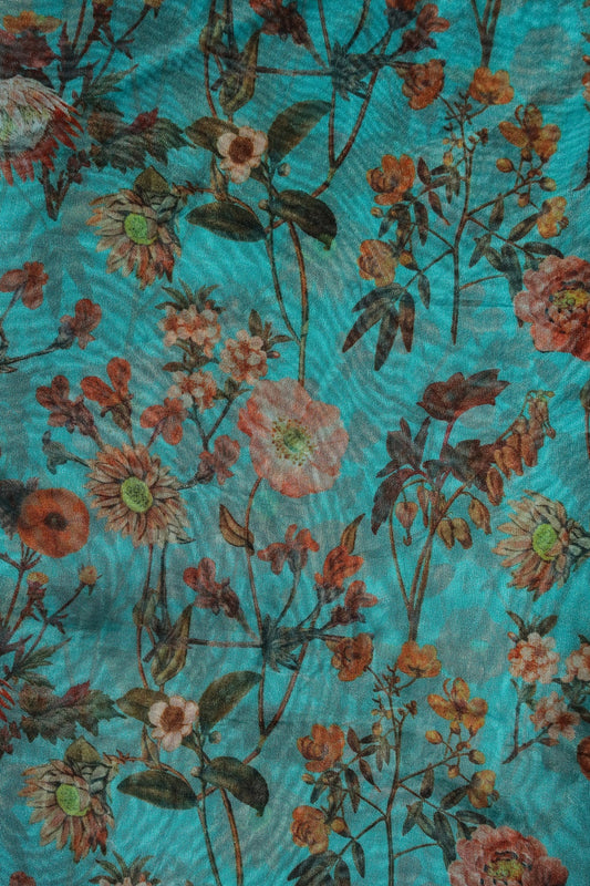 Orange Floral Pattern Digital Print On Rama Organza Fabric