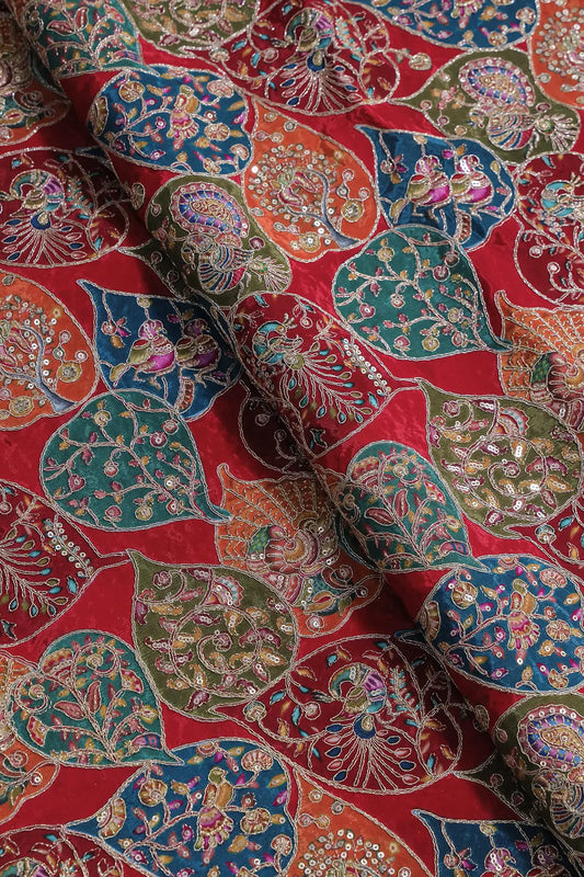 Positional Print with Zari And Sequins Heavy Embroidery Work On Red Pure Crepe Fabric