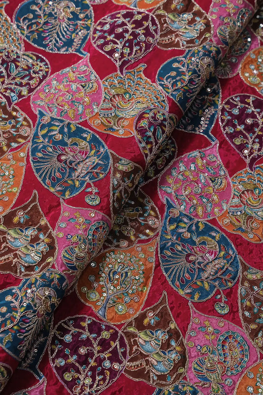 Positional Print with Zari And Sequins Heavy Embroidery Work On Fuchsia Pure Crepe Fabric
