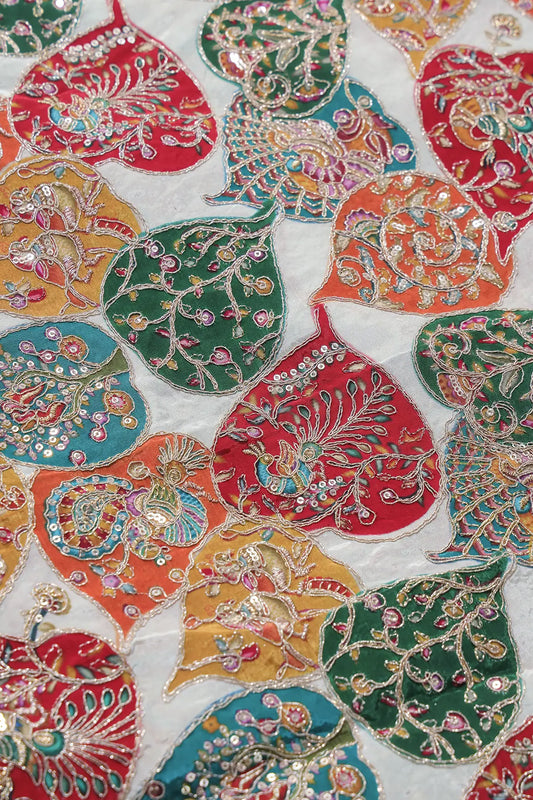 Positional Print with Zari And Sequins Heavy Embroidery Work On White Pure Crepe Fabric